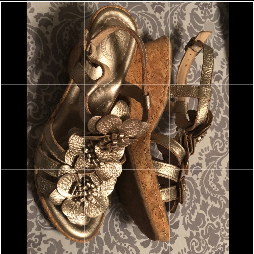 New Nurture Gold Leather Flower Wedges.